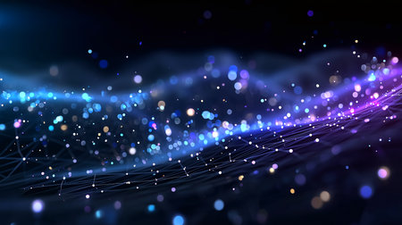 Experience the pulse of innovation with this dynamic abstract scene. Glowing particles and interconnected lines create a vibrant flow of digital energy, perfect for tech, data, or futuristic concepts.の素材