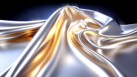 Experience pure opulence with this stunning flowing fabric, a luxurious blend of silver and gold with a captivating satin texture. Perfect for high-end projects.の素材