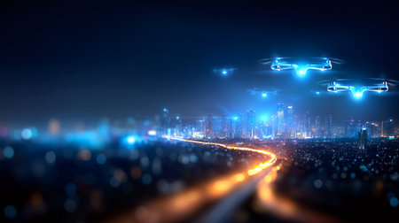 Experience the cutting edge of urban innovation as advanced drones navigate a dazzling night cityscape. This scene evokes progress, smart technology, and futuristic possibilities for surveillance and delivery.の素材