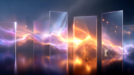 Sleek, modern background featuring vibrant nebula reflections. Ideal for technology, science, or futuristic projects. Clean and elegant design conveys innovation and sophistication.の素材