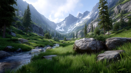 Experience the breathtaking beauty of a pristine alpine valley, where a gentle stream winds through vibrant green meadows towards towering, snow-capped peaks. Perfect for nature, adventure, and travel themes.の素材