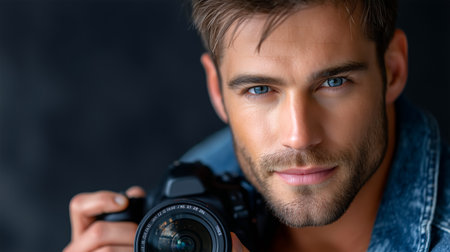 Intense gaze meets professional lens. Envision visual storytelling, capturing moments with skill, and representing modern style. Perfect for advertising, social media, and creative projects.の素材