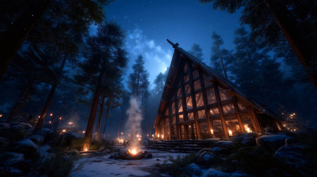 Experience ultimate tranquility in this enchanting A-frame cabin surrounded by a snowy forest. A warm campfire glows, inviting you to a peaceful escape under a celestial sky. Perfect for winter retreats and serene moments.の素材