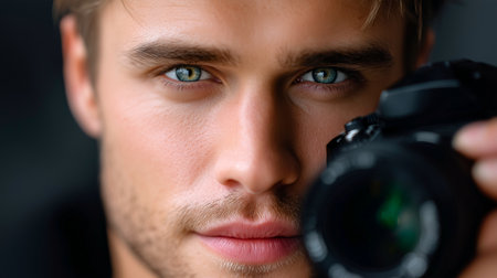 Capture raw emotion with this intense, close-up portrait of a photographer. Perfect for creative projects, lifestyle branding, or showcasing artistic passion and dedication. Modern and stylish.の素材