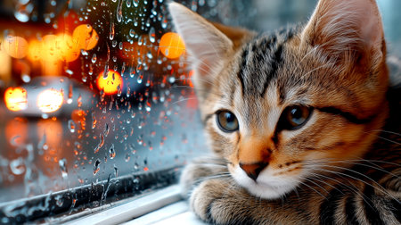 A charming tabby kitten rests its paws on a windowsill, gazing out at a blurry city scene through a window covered in raindrops, evoking a sense of cozy contemplation and quiet longing.の素材