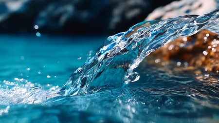 Experience the invigorating purity of crystal clear water as it gracefully flows over natural textures. This dynamic scene captures refreshing splashes and mesmerizing ripples, perfect for conveying vitality, nature, and a sense of pure, clean energy.の素材