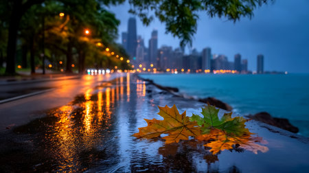 Experience the peaceful ambiance of a rainy evening in Chicago. City lights glow beyond autumn leaves by Lake Michigan, creating a tranquil and reflective urban landscape perfect for travel or city life themes.の素材
