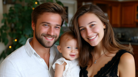 A heartwarming portrait of a young family, featuring parents with smiles and their genuine precious baby nestled between them. This image captures the essence of love, happiness, and the beautiful bond shared within a family unit.の素材