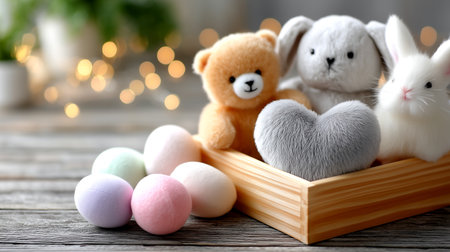 Charming scene featuring a cuddly teddy bear and a fluffy bunny nestled in a wooden crate, surrounded by soft pastel-colored ornaments and a sparkling bokeh background.の素材