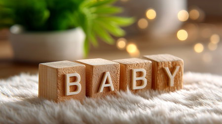 Welcome a new baby with this tender scene. The wooden blocks spell BABY, perfect for announcements. Soft textures and warm bokeh lights create a cozy, loving atmosphere. Celebrate new beginnings!の素材