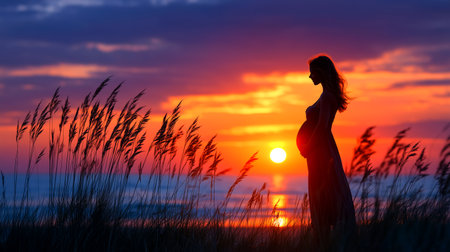 A pregnant woman's silhouette stands against a vibrant sunset on a serene beach, with tall grass in the foreground. This image beautifully encapsulates the anticipation and grace of motherhood during a picturesque twilight.の素材