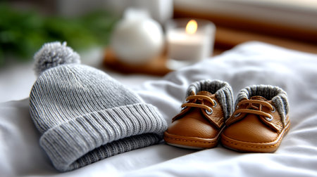 Capture the warmth and tenderness of early moments with this adorable set. A soft, gray knitted hat with a pom-pom sits beside a pair of charming, tiny leather boots, perfect for a baby's first steps or a heartwarming nursery decoration.の素材