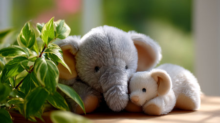 Two cuddly plush elephants, one large and one small, are nestled together in warm, soft sunlight. Lush green leaves gently frame them, creating a tender and heartwarming scene.の素材