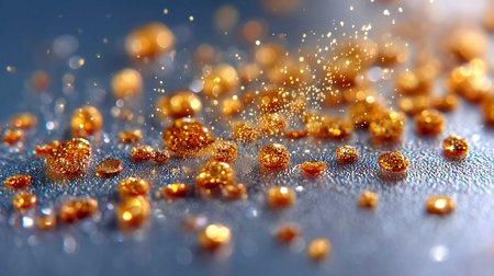 Capture the magical essence of golden glitter particles shimmering on a textured surface. Perfect for luxury brands, festive promotions, and designs that need a touch of elegance and sparkle.の素材