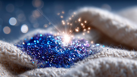 Capture the magic of winter with shimmering blue glitter on a cozy knit. Ideal for holiday promotions, festive designs, and adding a touch of sparkle to your creative projects.の素材