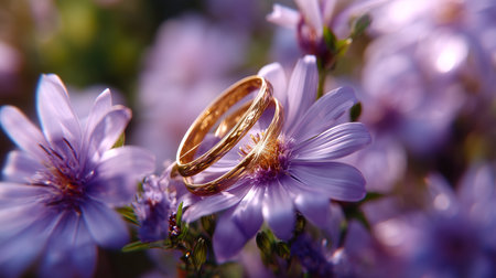Experience the beauty of love with gold wedding rings nestled among delicate purple flowers. This image captures a romantic moment, perfect for wedding themes and celebrations of commitment.の素材