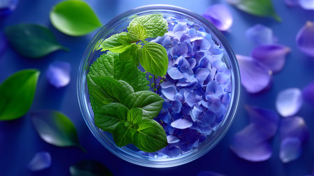 Capture the essence of natural beauty with this stunning composition. Blue hydrangeas and fresh green leaves evoke a sense of wellness and serenity, perfect for beauty, spa, or floral design projects.の素材