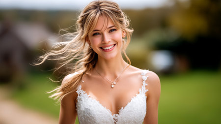 Radiant bride smiling warmly with wind gently blowing through her hair in a serene outdoor setting, perfect for wedding or romantic themed projectsの素材