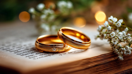 Golden wedding rings resting on an open book with white flowers nearby, evoking feelings of love, commitment, and romance in a warm and intimate setting.の素材