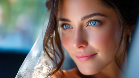 Softly smiling young woman with striking blue eyes and a delicate veil, exuding elegance and serenity in a romantic closeup portrait.の素材