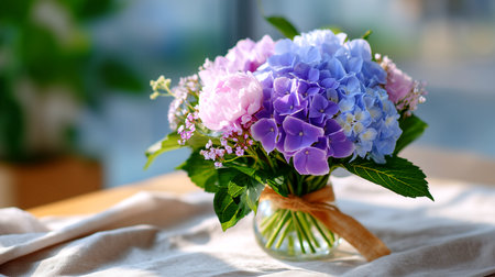 Soft pastel hydrangeas arranged in a clear glass vase on a bright, sunlit table with a gentle, airy background. Perfect for floral, home decor, and spring themes.の素材