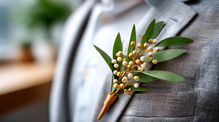 A beautifully crafted wedding boutonniere adorns the groom's lapel, adding an elegant touch to his formal attire.の素材