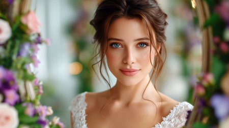 A stunning bride with blue eyes surrounded by beautiful floral decorations, exuding elegance and romance.の素材