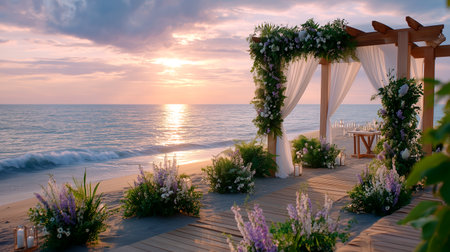 A breathtaking view of a beautifully decorated wedding arch on a sandy beach, bathed in the warm glow of a sunset. The tranquil ocean provides a serene backdrop for a romantic celebration, enhanced by lush floral arrangements and soft drapes.の素材