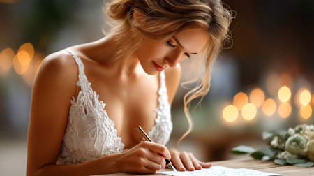 Close-up of a bride in a lace wedding dress with hands clasped in prayer, softly lit by warm candles, capturing a quiet, reflective moment before the ceremony.の素材