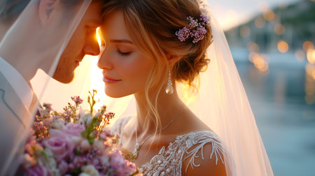 A beautiful bride and groom embrace tenderly during a golden hour sunset, illuminated by warm light. Their love story unfolds amidst a breathtaking, sun-kissed backdrop, capturing the essence of their special day.の素材