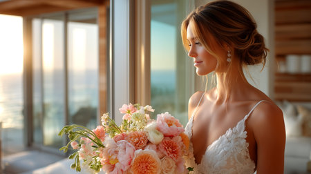 A radiant bride, adorned in an exquisite gown, holds a delicate bouquet of soft pink roses and greenery. She gazes thoughtfully out of a large window, with the warm glow of the sunset illuminating the ocean view.の素材