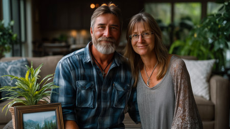 A middle-aged couple smiles at the camera, seated on a couch in a well-lit living room. Lush green plants are visible around them, adding a natural and serene atmosphere.の素材