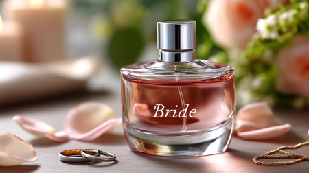 Capture the essence of your special day with this luxurious bride perfume. Infused with floral notes of rose and jasmine, surrounded by soft petals and candlelight, perfect for weddings and romantic occasions.の素材