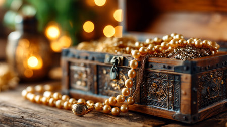 A close-up, richly detailed view of an antique wooden treasure chest, its lid opens to reveal a cascade of lustrous golden pearl necklaces. Intricate metalwork adorns the chest, with warm, bokeh lights in the background hinting at a mystical or opulent setting.の素材