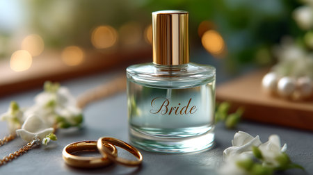 Capture the magic of your wedding day with Bride Perfume. This elegant scent features delicate floral notes, evoking romance and sophistication, presented in a chic bottle with gold accents, ideal for brides.の素材