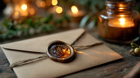 An old-fashioned envelope, sealed with dark wax, rests on a rustic surface. Soft candlelight flickers in the background, casting a warm, intimate glow. Evokes a sense of mystery, tradition, and anticipation.の素材