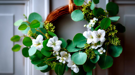 A beautiful, handcrafted wreath featuring lush eucalyptus leaves and delicate white blossoms. Perfect for adding a touch of natural elegance to any doorway or wall.の素材