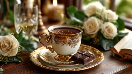 Experience pure bliss with a steaming cup of rich, gourmet hot cocoa, artfully presented in an ornate cup. Accompanied by a dark chocolate square and surrounded by soft white roses and flickering candlelight for a moment of luxurious indulgence.の素材