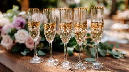 A close-up shot of five sparkling champagne flutes, filled to the brim with bubbly golden liquid, adorned with gold rims. They are placed on a rustic wooden surface next to a soft, romantic floral arrangement featuring roses and eucalyptus.の素材