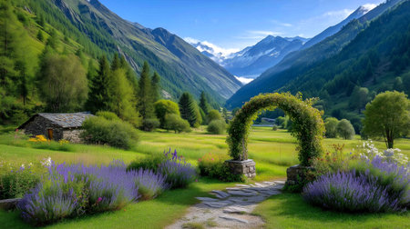 Step through a floral archway into a vibrant alpine meadow, framed by lush green trees and majestic snow-capped mountains. This picturesque scene invites tranquility and natural wonder.の素材