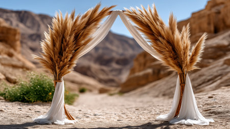 A beautiful and ethereal wedding arch set against a dramatic desert canyon backdrop. Adorned with fluffy pampas grass and flowing white fabric, it evokes a bohemian and romantic atmosphere, perfect for an outdoor ceremony.の素材