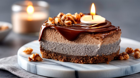 A close-up of a delicious chocolate cake topped with nuts and a lit candle. The cake has layers and a rich chocolate glaze, served on a marble plate with a blurred background of candles.の素材