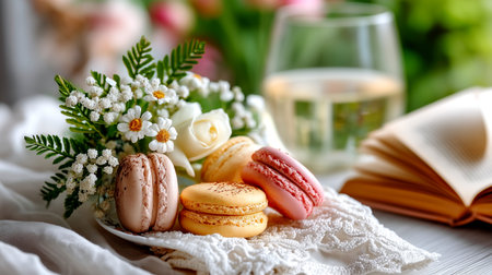 A delightful and elegant scene set for a peaceful tea time. Featuring delicate macarons, a bouquet of fresh flowers, and an open book, all enjoyed with a glass of white wine.の素材