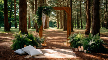 Dreamy wooden arch adorned with lush greenery and flowers, set amidst a sun-dappled forest. Perfect for intimate, rustic, and bohemian weddings, creating unforgettable memories.の素材