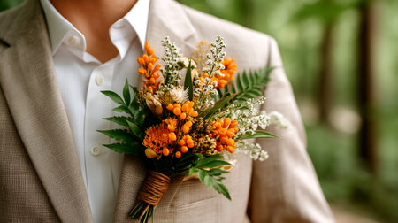 A close-up shot of a rustic boutonniere on the lapel of a textured, light-colored jacket worn by a groomsman. The boutonniere features vibrant orange flowers, delicate white accents, and greenery, tied with a textured band.の素材