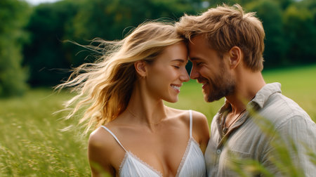 A tender moment shared between a young couple embracing in a golden field. Their smiles radiate joy and affection, set against a backdrop of lush greenery and a gentle breeze.の素材