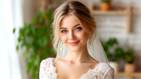 A stunning portrait of a bride with a beautiful, textured updo, adorned with subtle sparkles. She wears an intricate lace wedding gown and a sheer veil, her eyes sparkling with joy.の素材