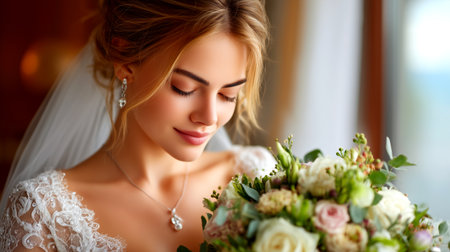 A beautiful bride, adorned in exquisite lace and sparkling jewelry, gazes down at her stunning floral bouquet. Her soft expression and the gentle light capture the emotion and romance of a wedding celebration.の素材