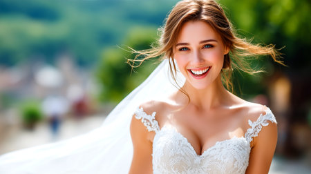 A stunning bride beams with happiness, her intricate lace wedding dress catching the light. The soft outdoor setting adds to the romantic and joyful atmosphere of her special day.の素材