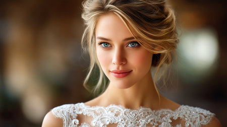 A stunning portrait of a bride adorned with golden glitter in her hair, her piercing blue eyes captivating. She wears a white lace wedding dress, exuding an ethereal and romantic aura.の素材